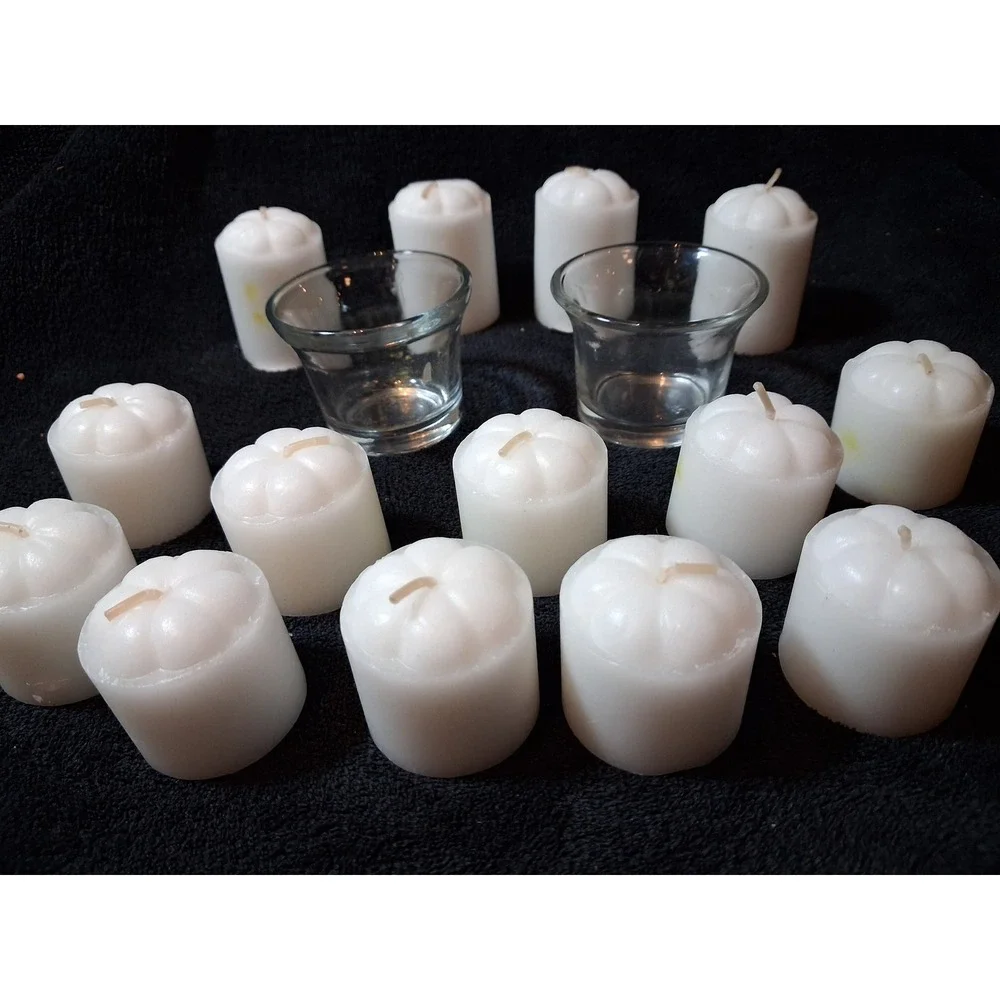 14 White Pumpkin Votive Candles and 2 Glass Holders Fall Thanksgiving Decor Set